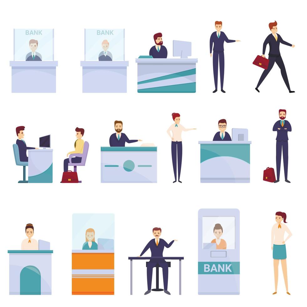 bank teller iconen set, cartoon stijl vector