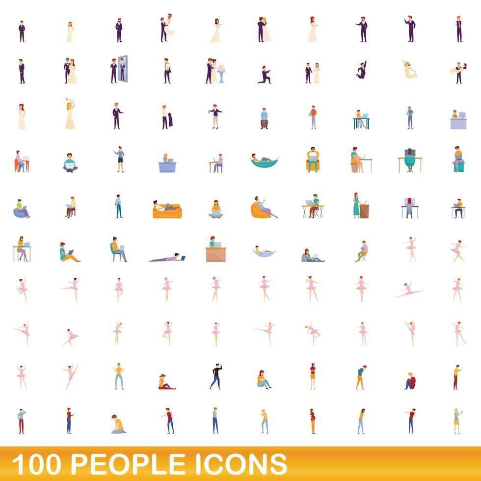 100 mensen iconen set, cartoon stijl vector