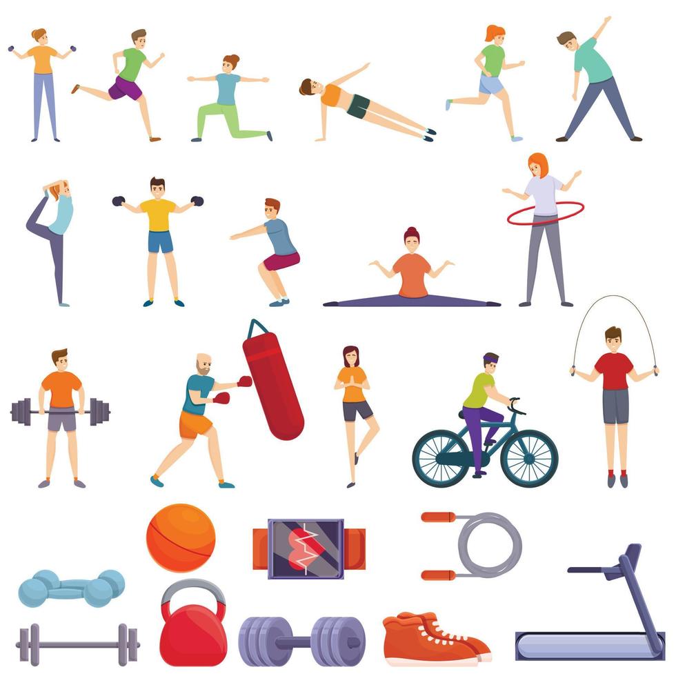 lichaamsbeweging iconen set, cartoon stijl vector