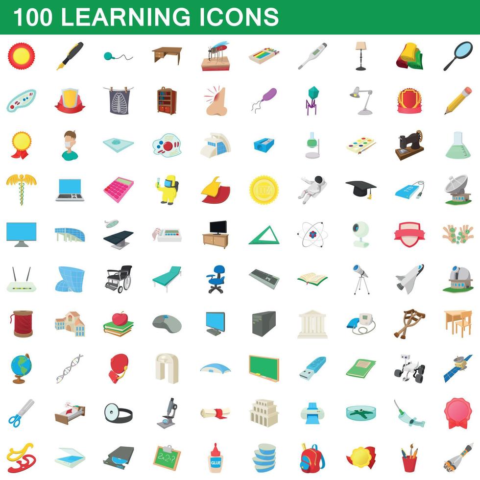 100 leren iconen set, cartoon stijl vector