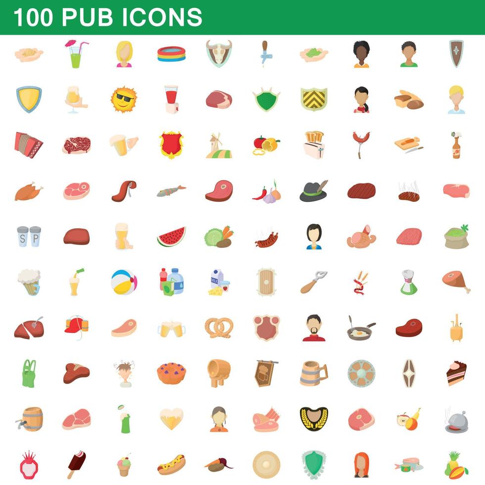 100 pub iconen set, cartoon stijl vector