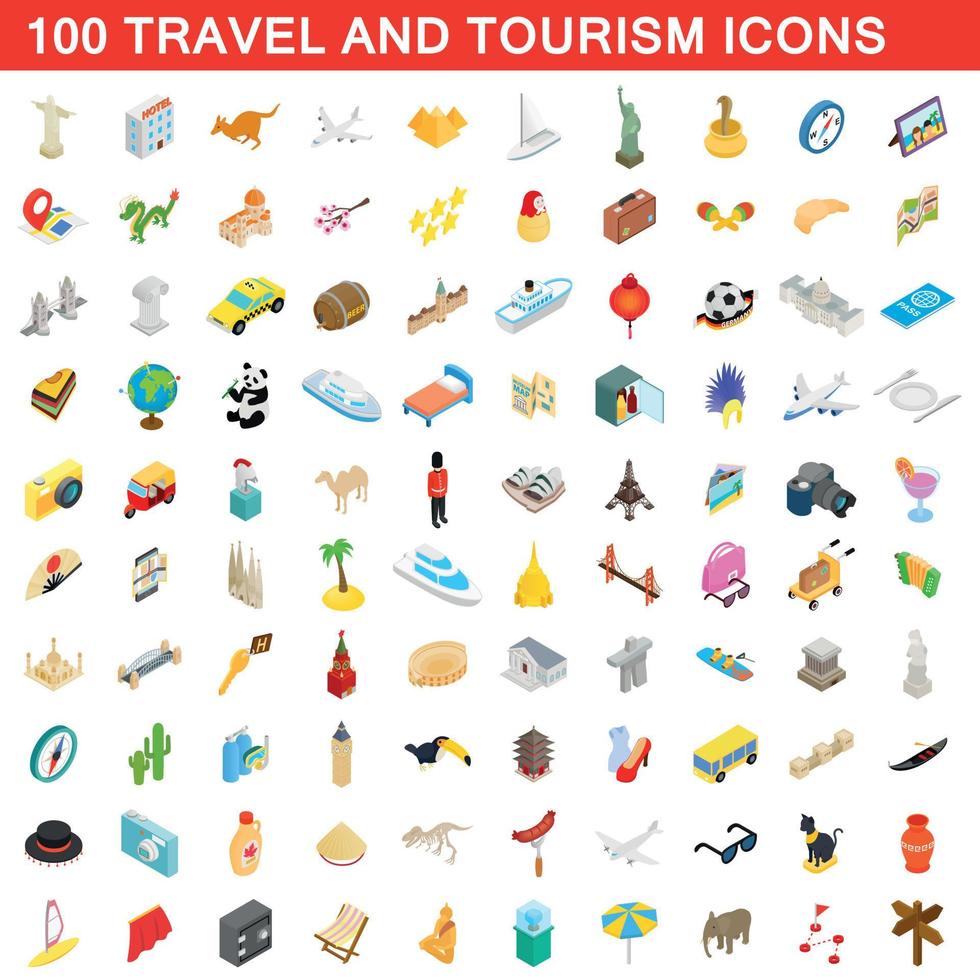 100 pictogrammen voor reizen en toerisme, isometrische stijl vector
