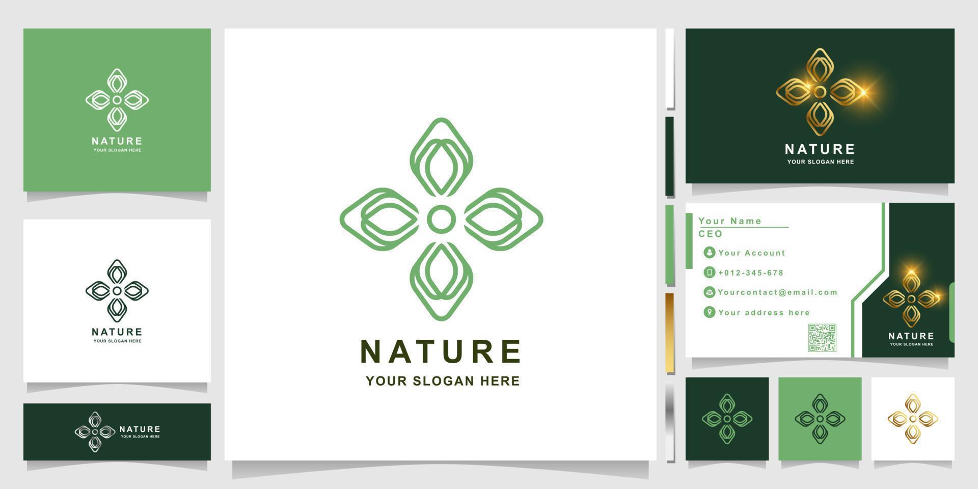 natuur, bloem, boetiek of ornament logo sjabloon met visitekaartje ontwerp. kan worden gebruikt voor spa-, salon-, schoonheids- of boetieklogo-ontwerp. vector