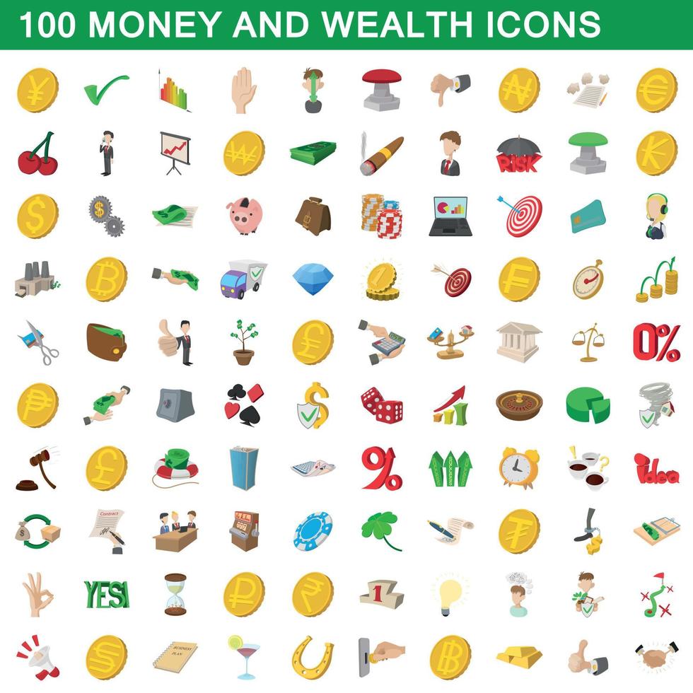 100 geld en rijkdom iconen set, cartoon stijl vector