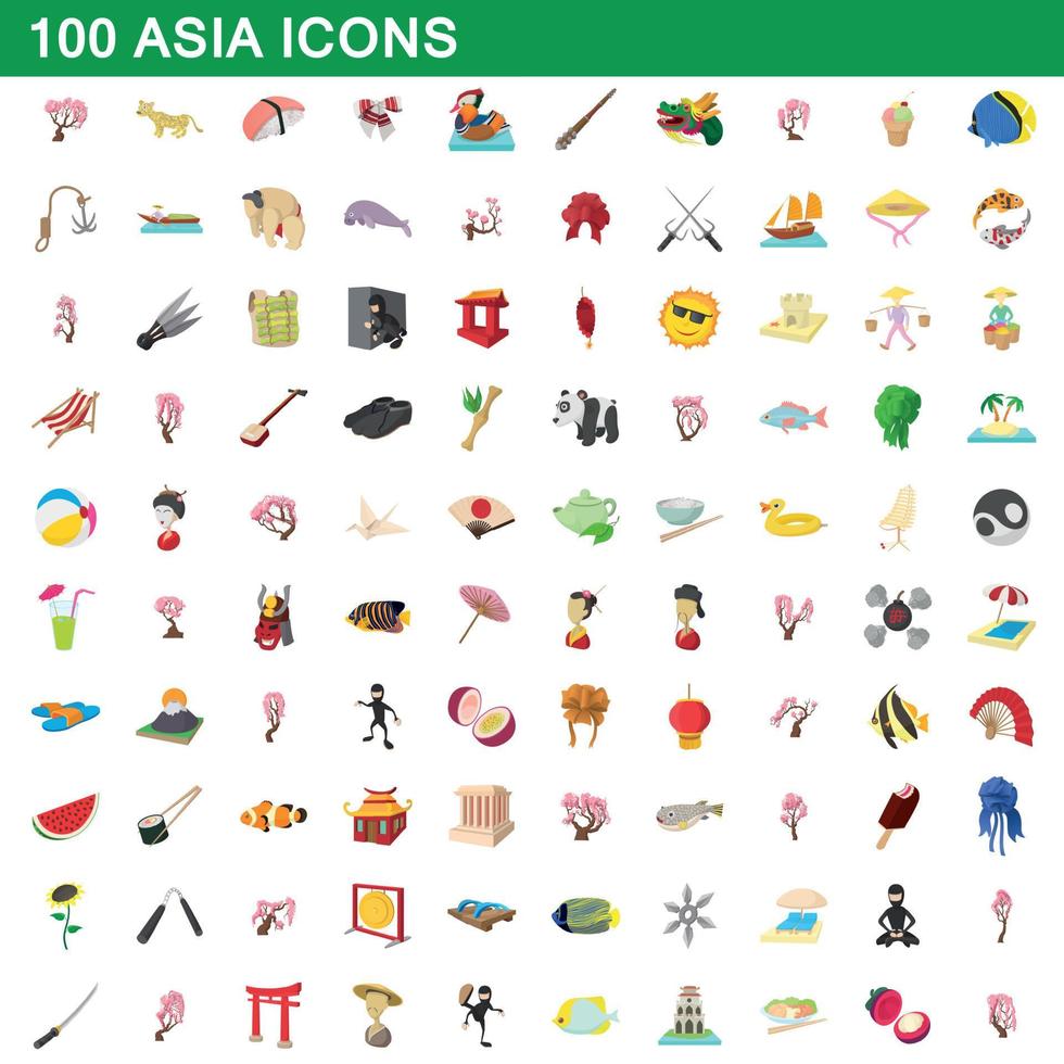 100 Azië iconen set, cartoon stijl vector