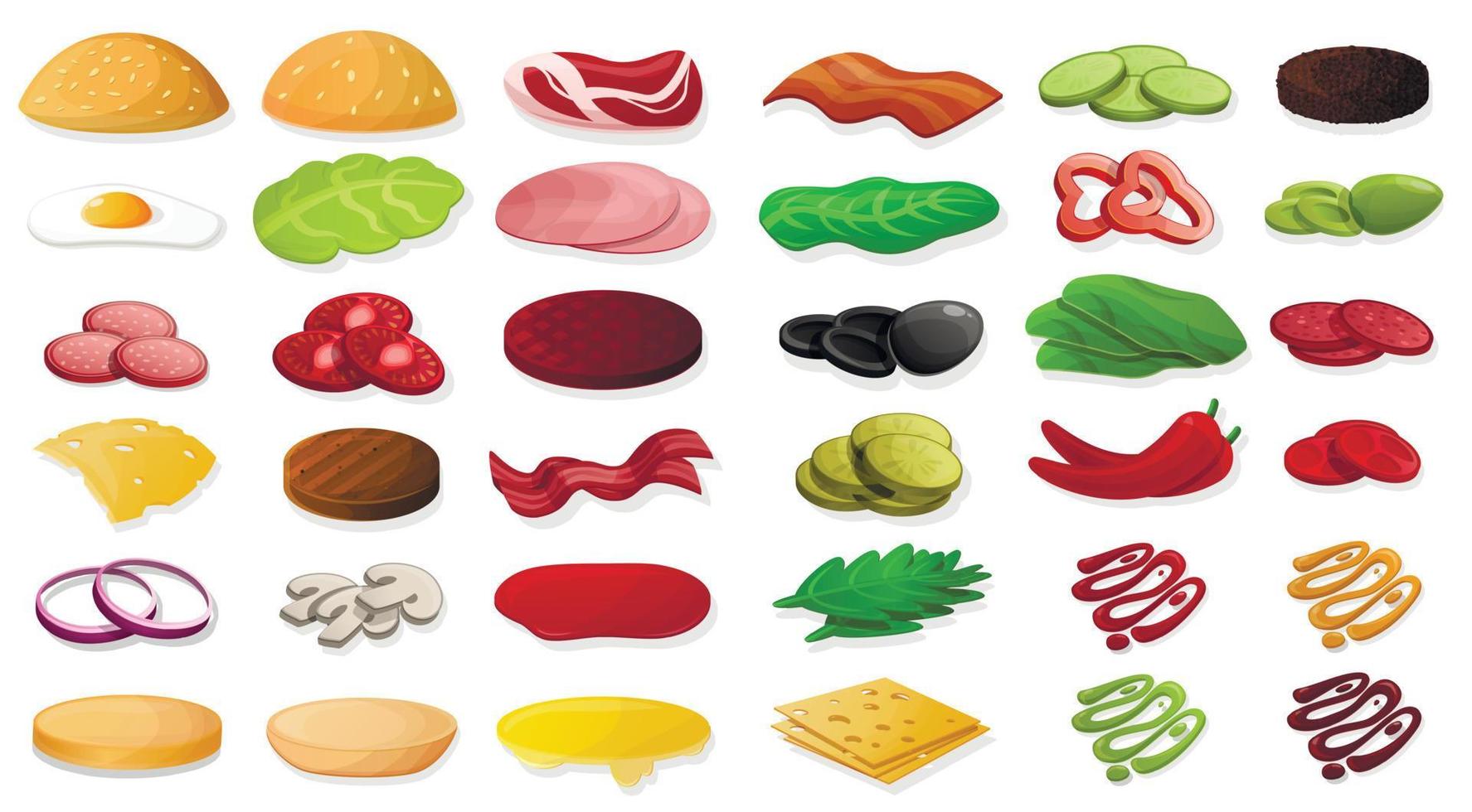 hamburger element voedsel pictogrammenset, cartoon stijl vector