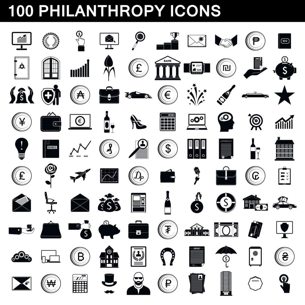 100 filantropie iconen set, eenvoudige stijl vector