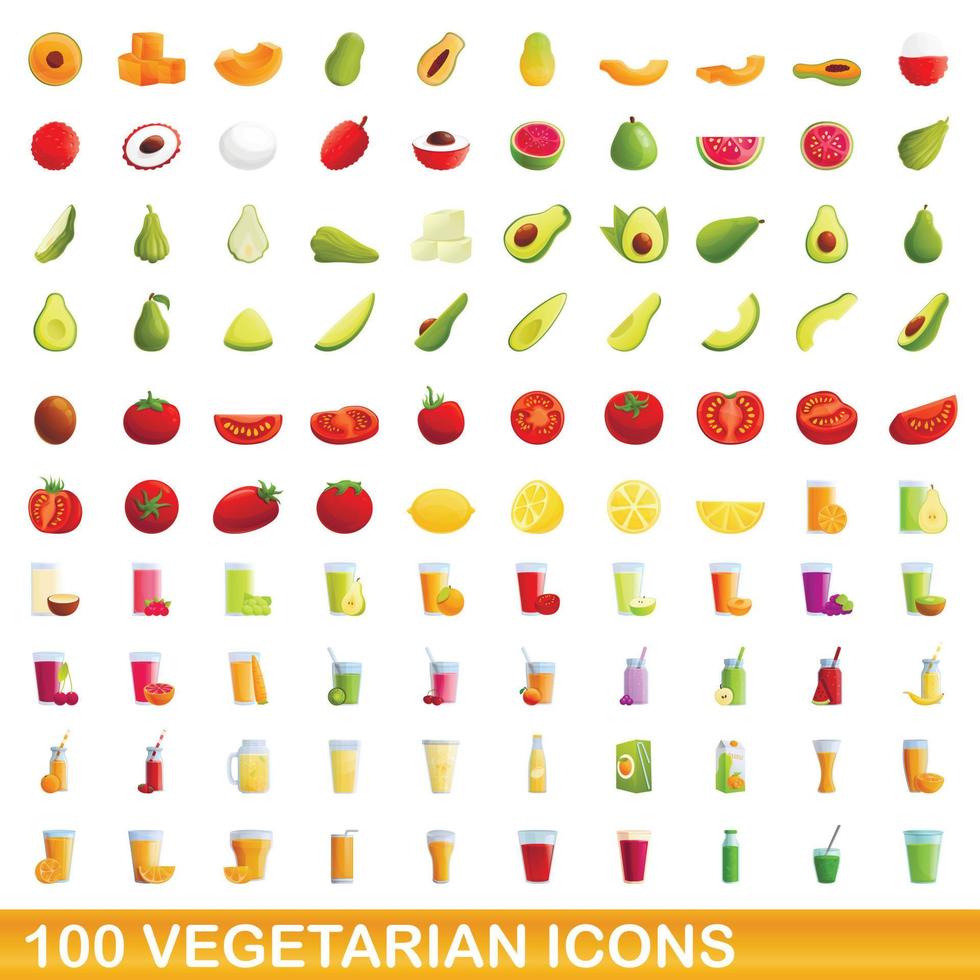 100 vegetarische iconen set, cartoon stijl vector