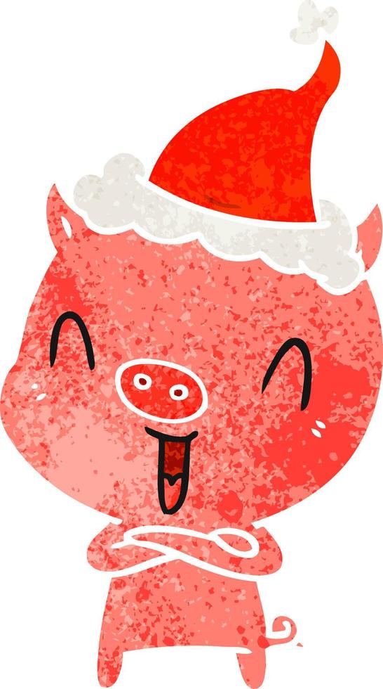 vrolijke retro cartoon van een varken met een kerstmuts vector