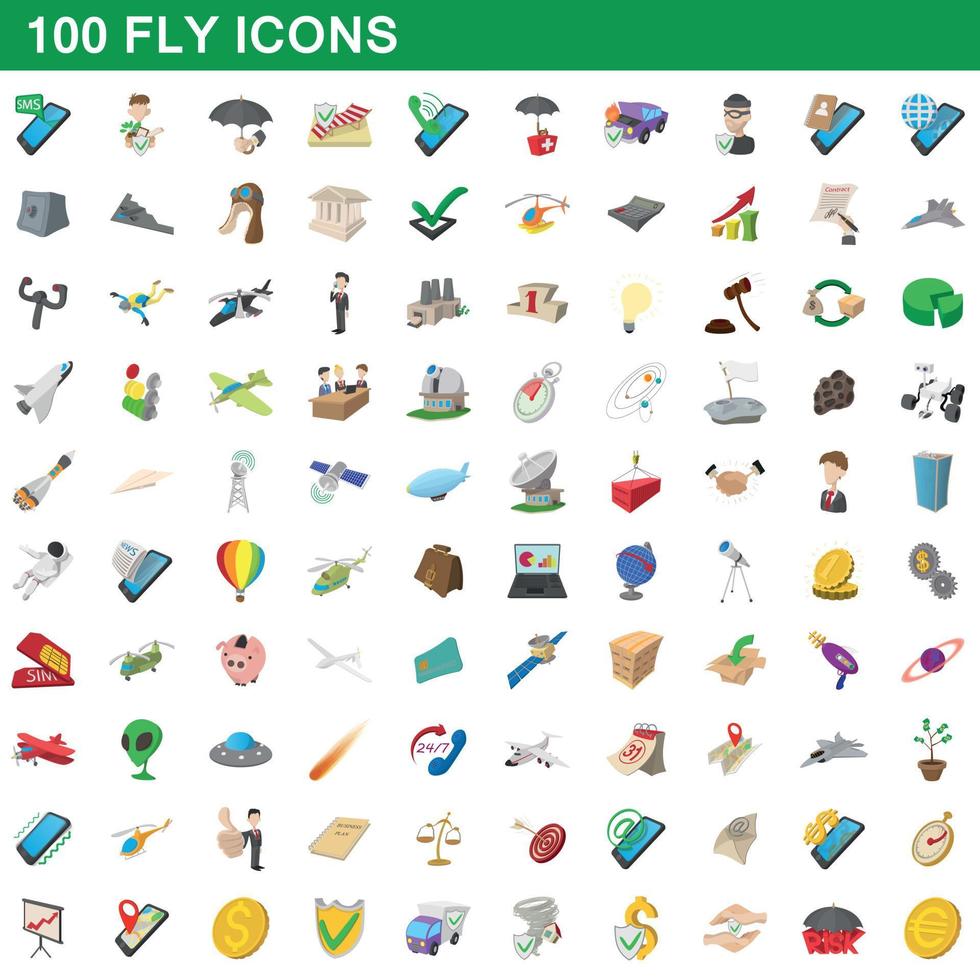 100 vliegen iconen set, cartoon stijl vector