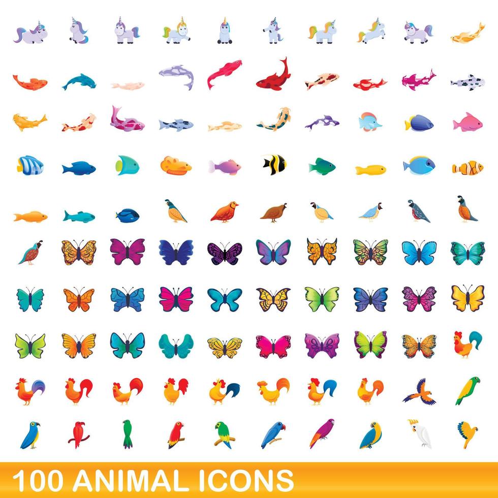 100 dieren iconen set, cartoon stijl vector