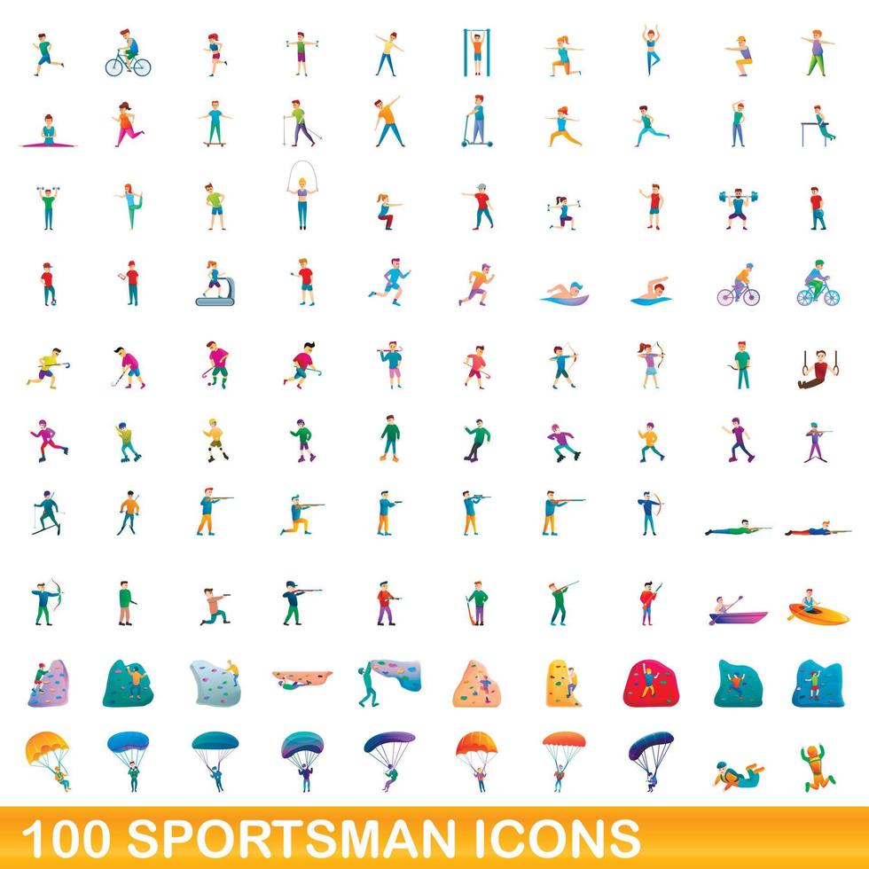 100 sportman iconen set, cartoon stijl vector