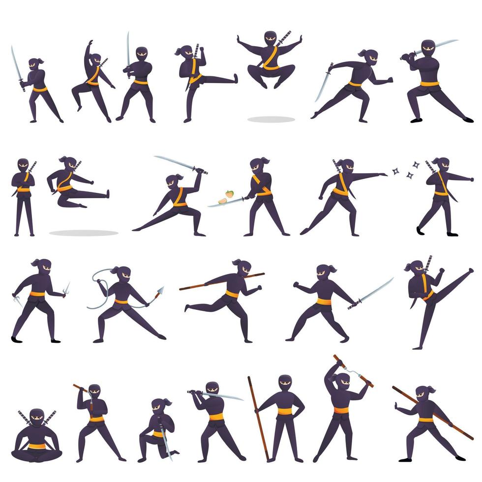 ninja iconen set, cartoon stijl vector
