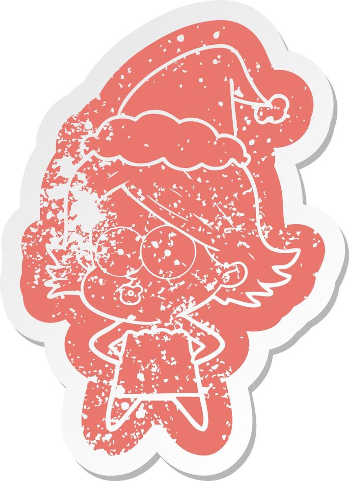 cartoon verontruste sticker van een pruilend meisje met een kerstmuts vector