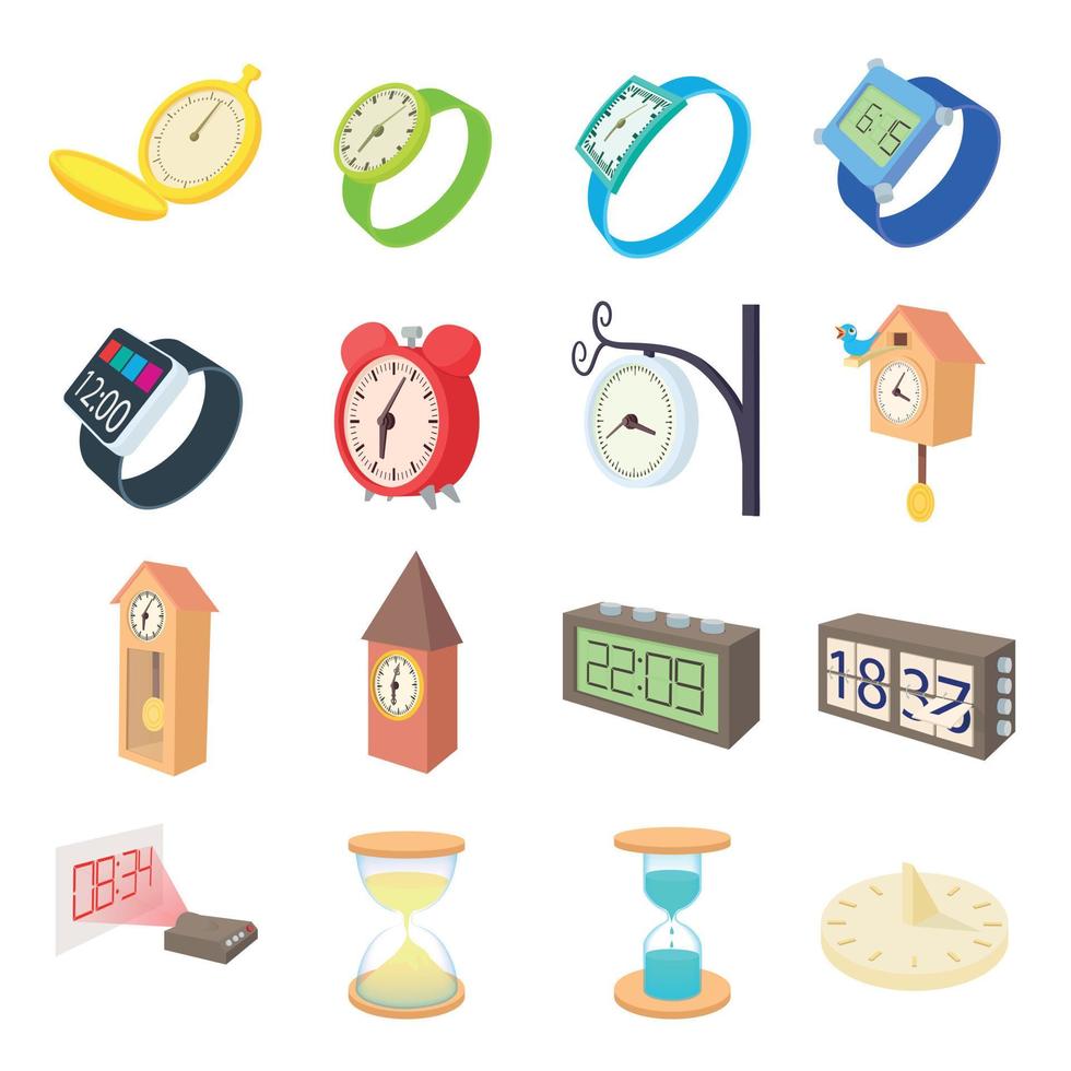 klok en horloge iconen set, cartoon stijl vector