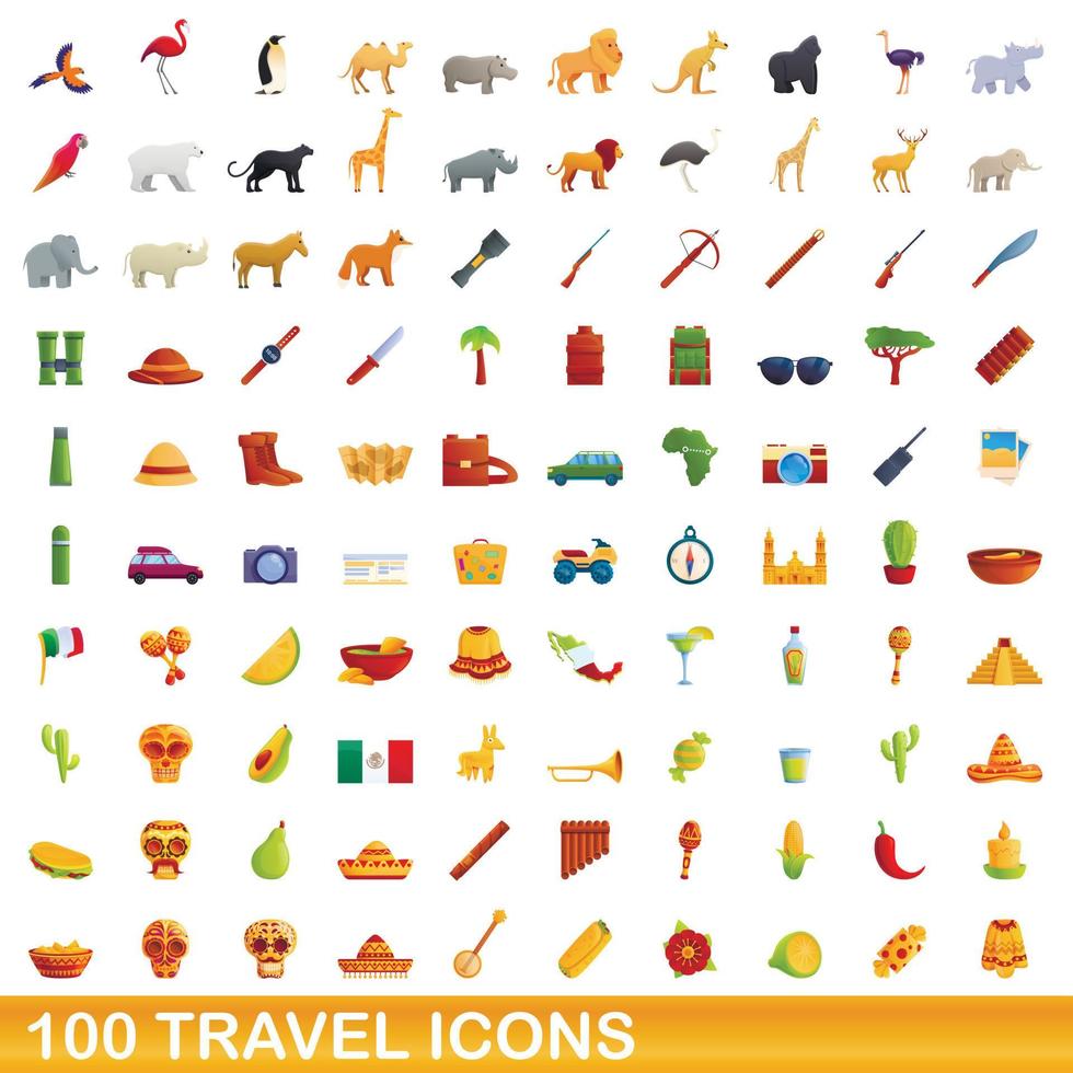 100 reizen iconen set, cartoon stijl vector