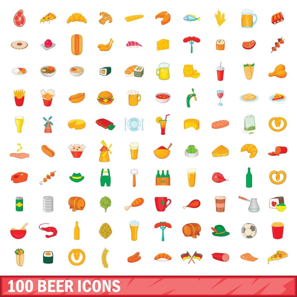 100 bier iconen set, cartoon stijl vector