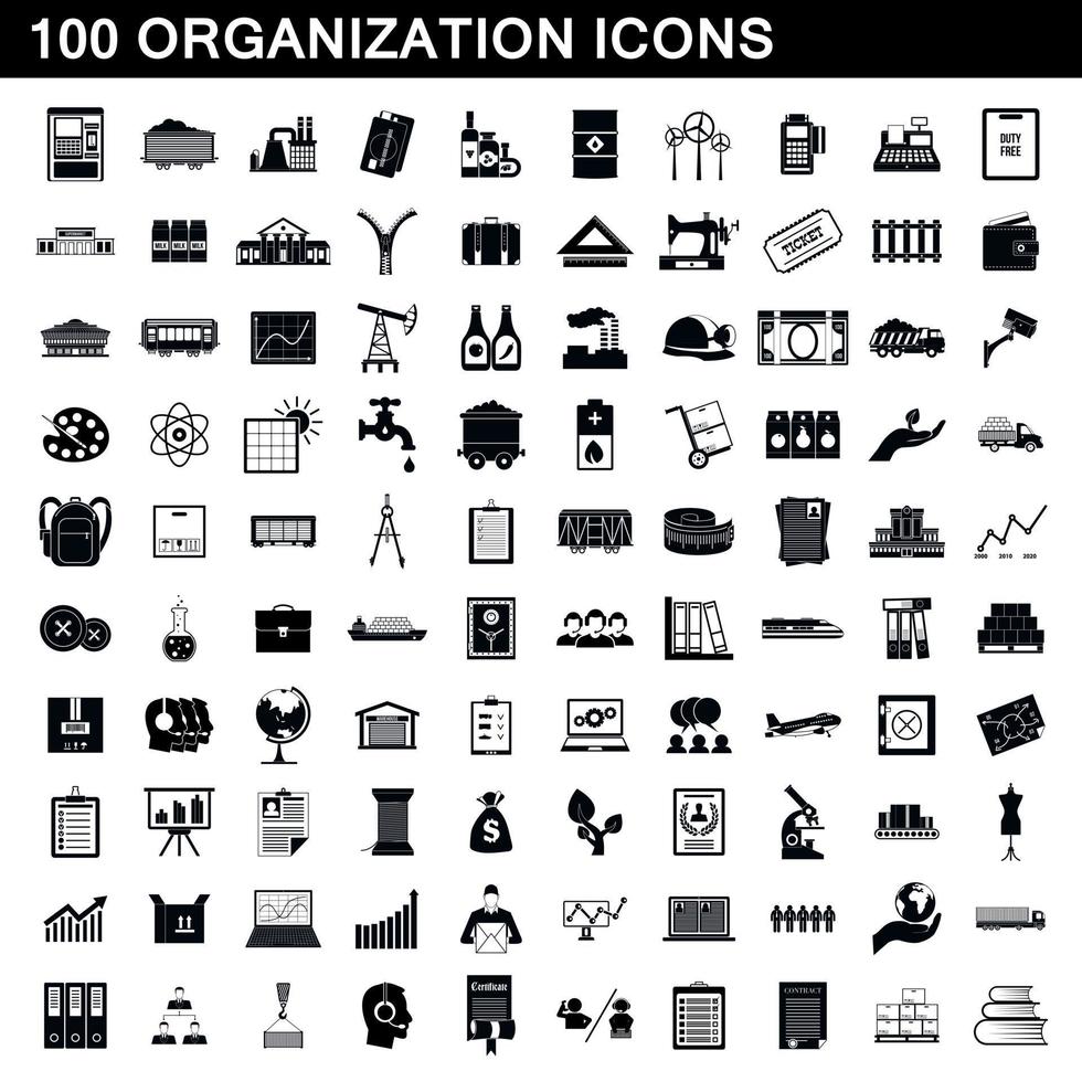 100 organisatie iconen set, eenvoudige stijl vector