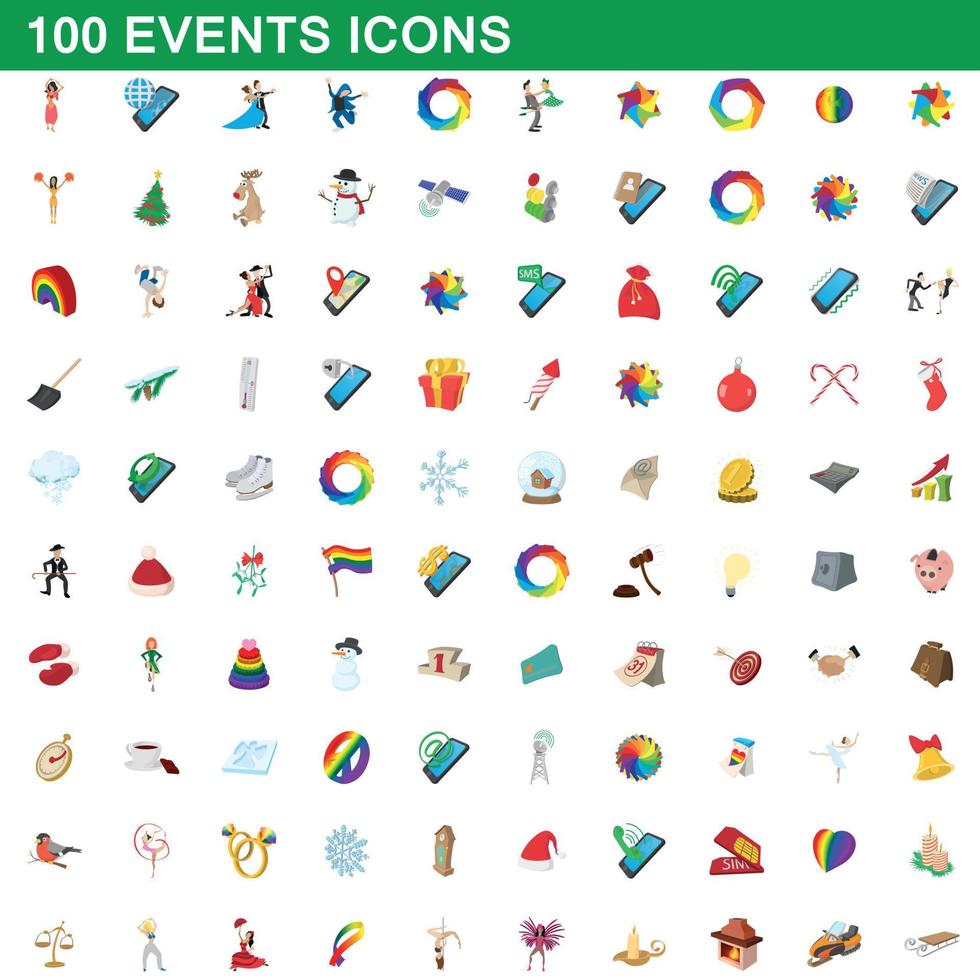 100 evenementen iconen set, cartoon stijl vector