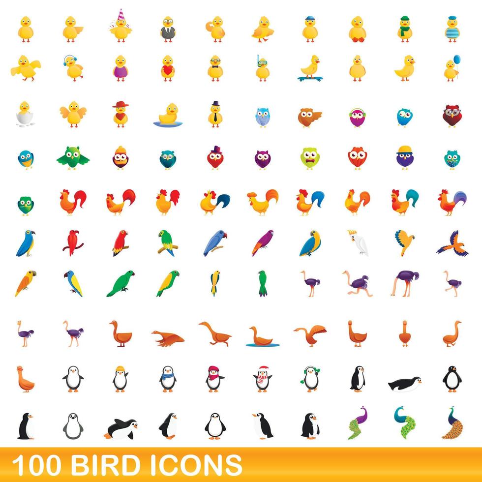 100 vogel iconen set, cartoon stijl vector