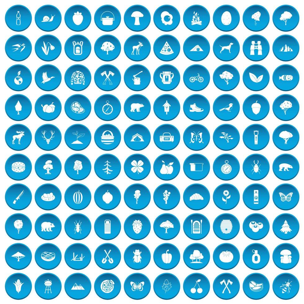 100 camping- en natuurpictogrammen blauw vector