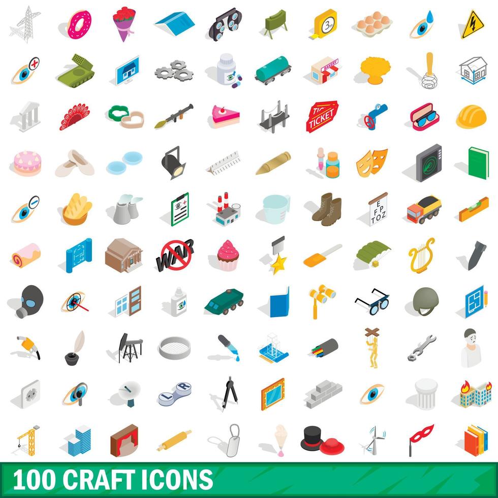 100 ambachtelijke iconen set, isometrische 3D-stijl vector