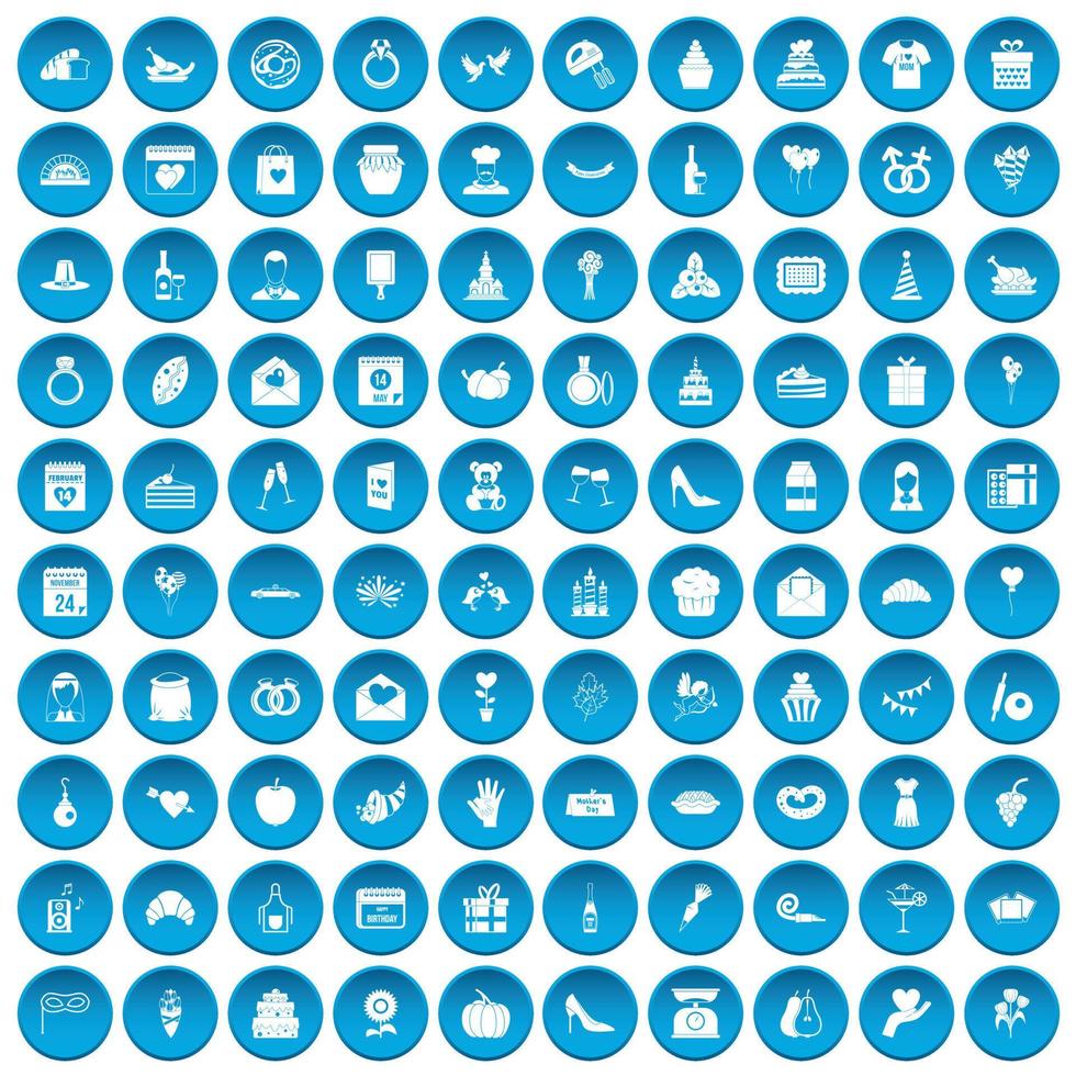100 taart iconen set blauw vector