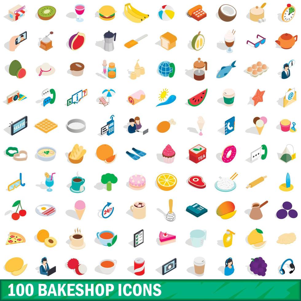 100 bakkerij iconen set, isometrische 3D-stijl vector