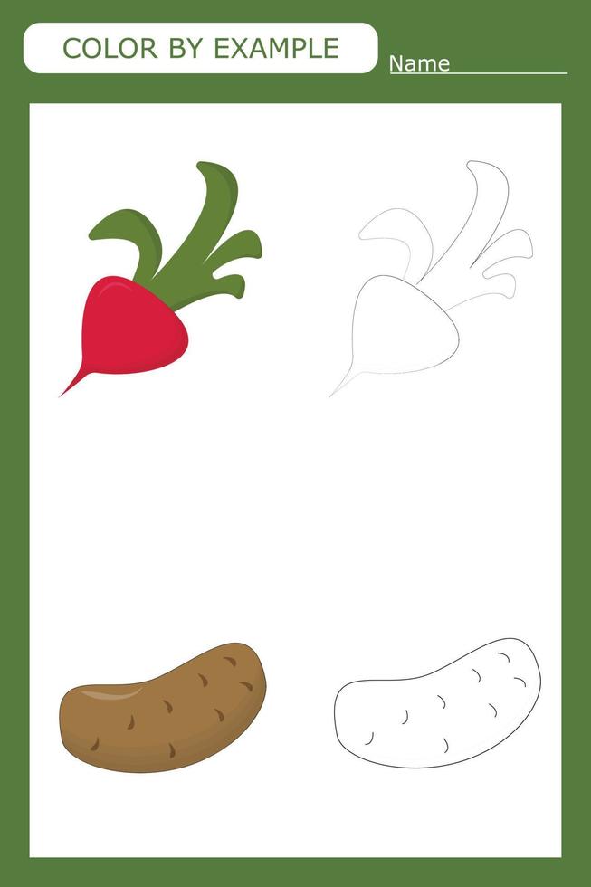 kleurboek van een radijs en aardappel. educatieve creatieve spelletjes voor kleuters vector