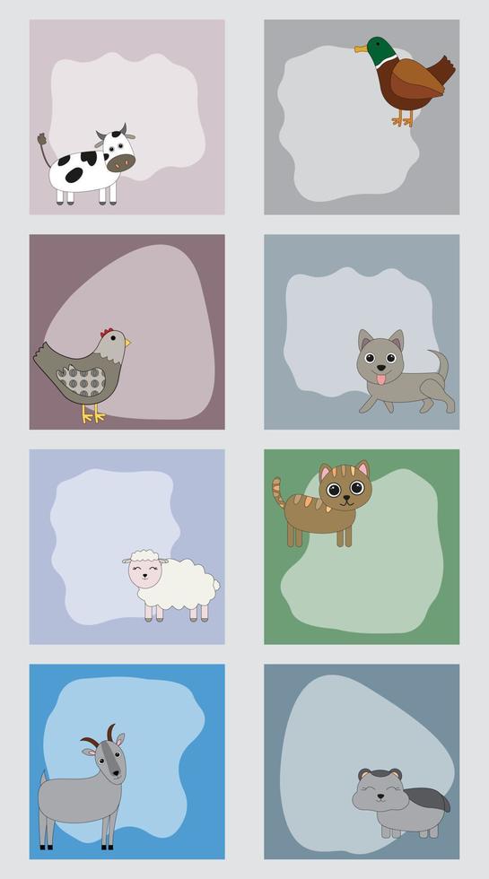 een set lege veelkleurige formulieren met grappige huisdieren voor felicitaties, uitnodigingen vector