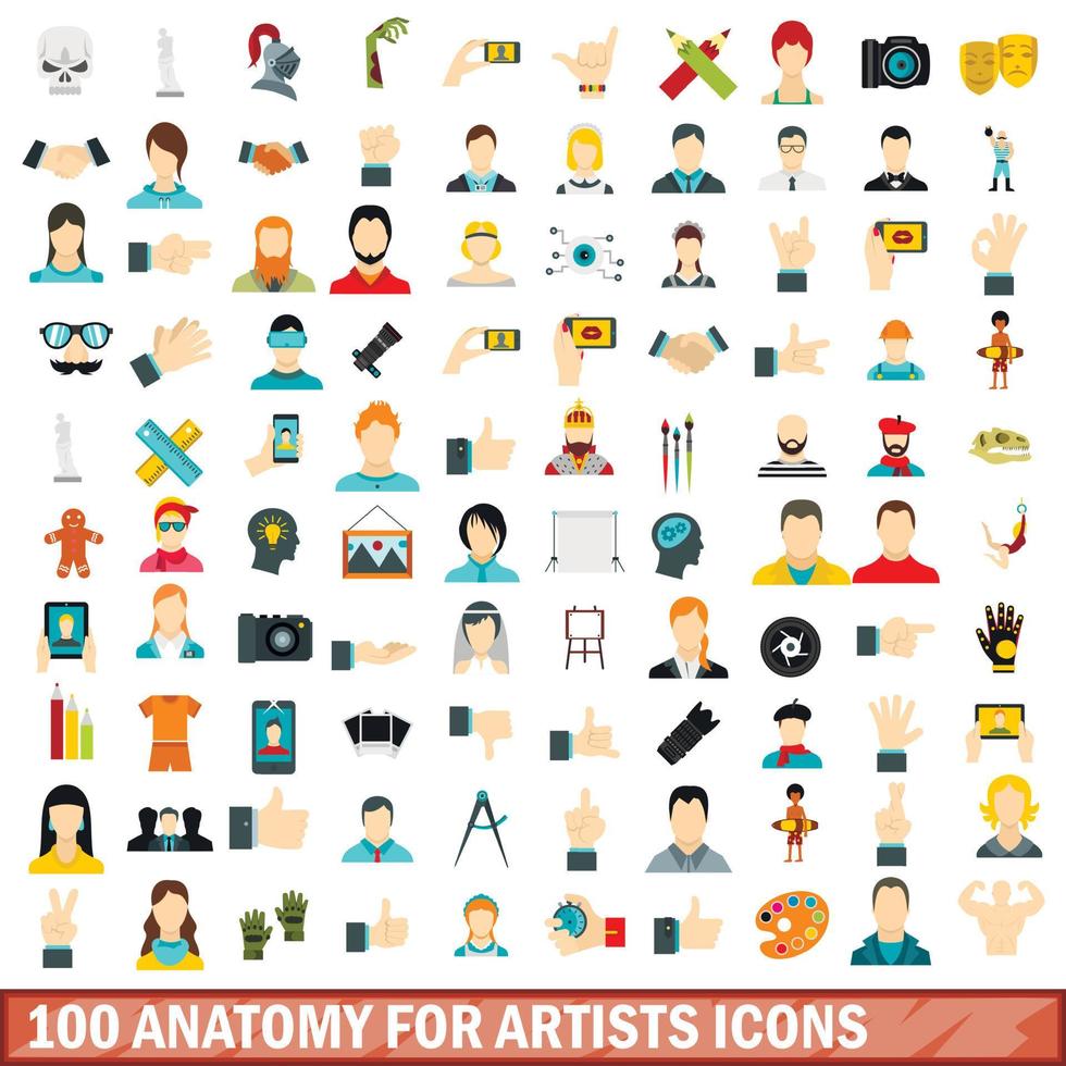 100 anatomie voor kunstenaars iconen set, vlakke stijl vector