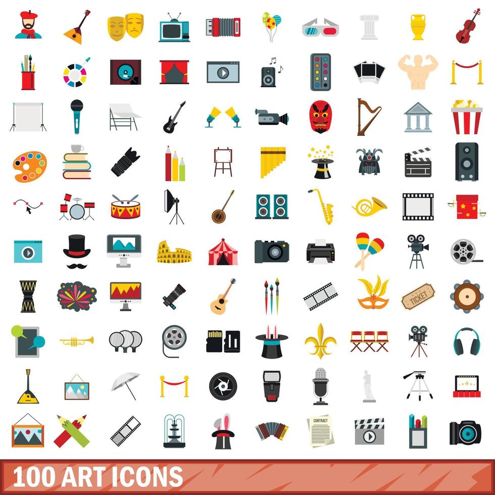 100 kunst iconen set, vlakke stijl vector