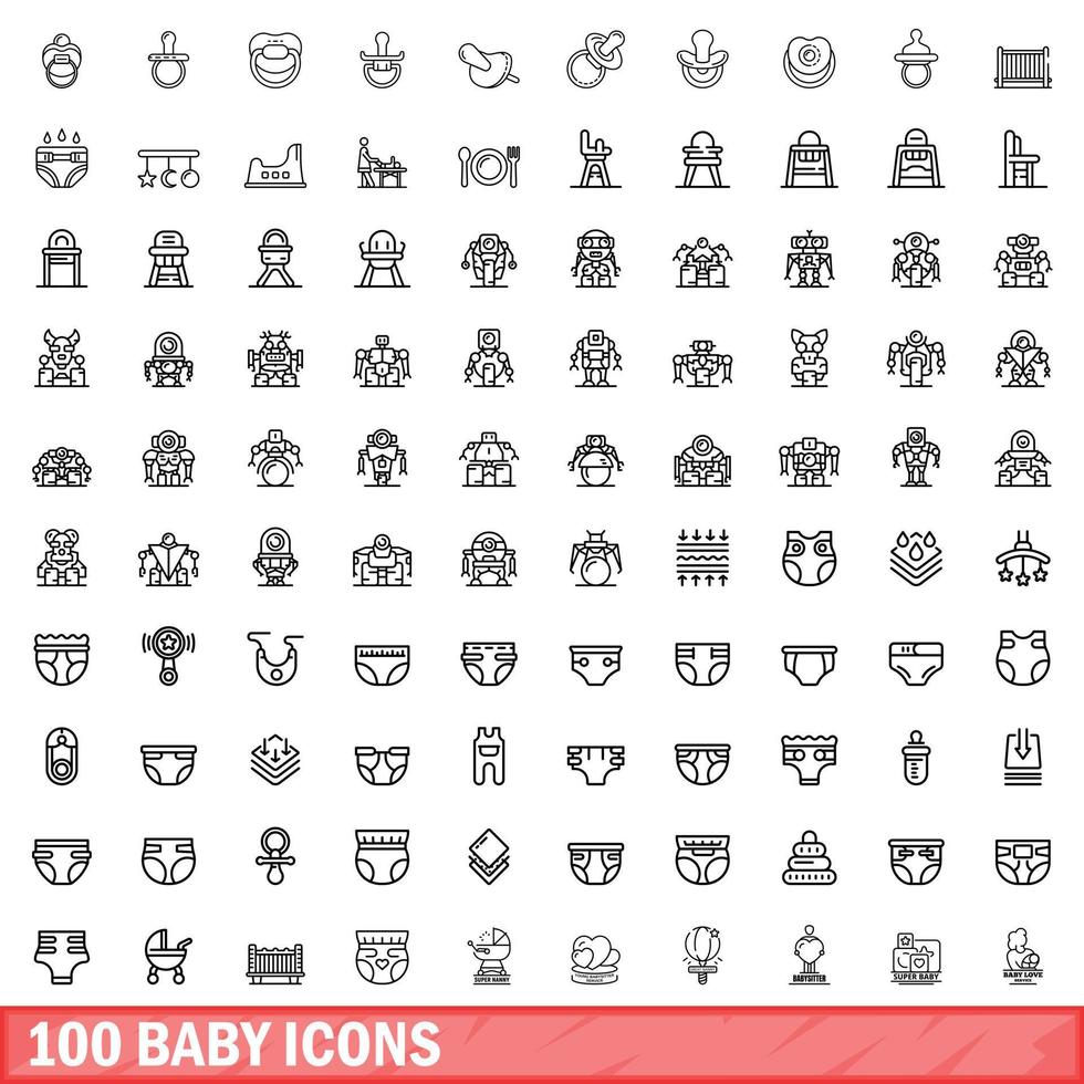 100 baby iconen set, Kaderstijl vector