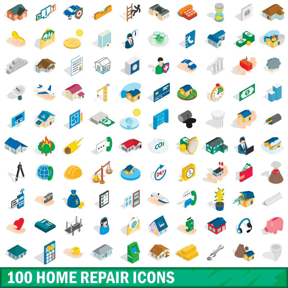 100 huis reparatie iconen set, isometrische 3D-stijl vector