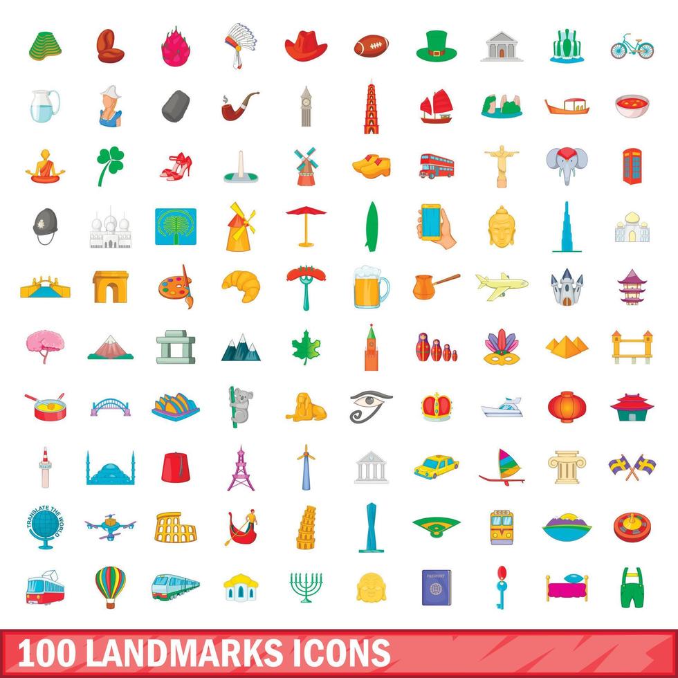 100 bezienswaardigheden iconen set, cartoon stijl vector