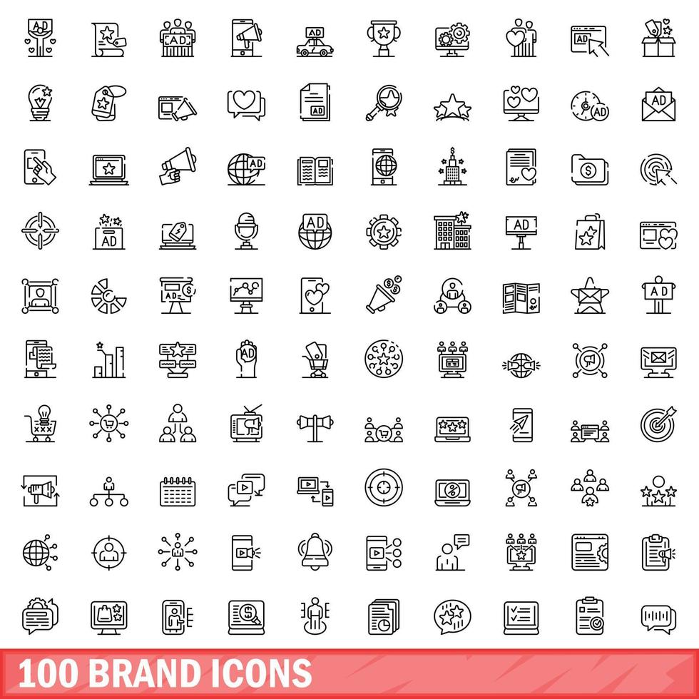 100 merk iconen set, Kaderstijl vector