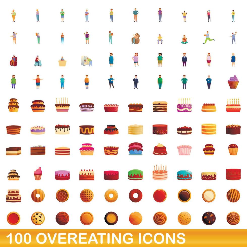 100 overeten iconen set, cartoon stijl vector