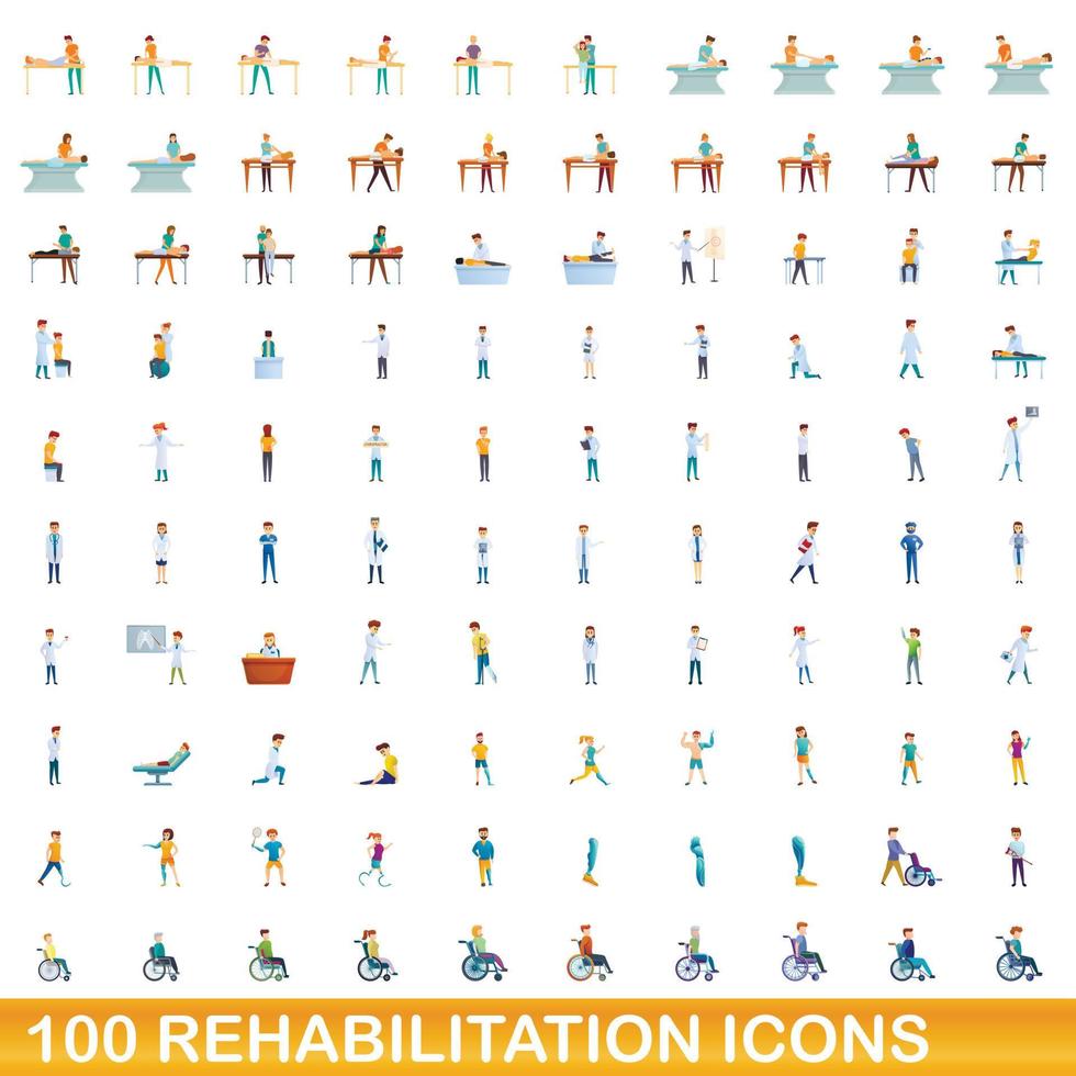 100 revalidatie iconen set, cartoon stijl vector