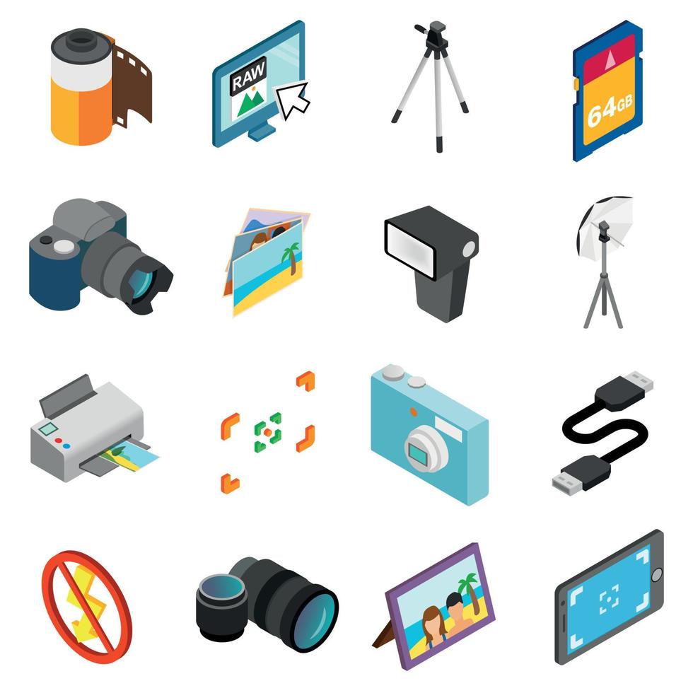 fotografie iconen set, isometrische 3D-stijl vector