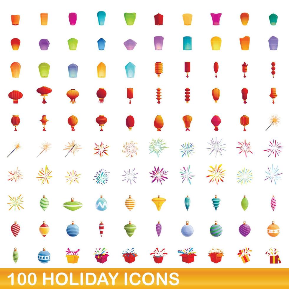 100 vakantie iconen set, cartoon stijl vector