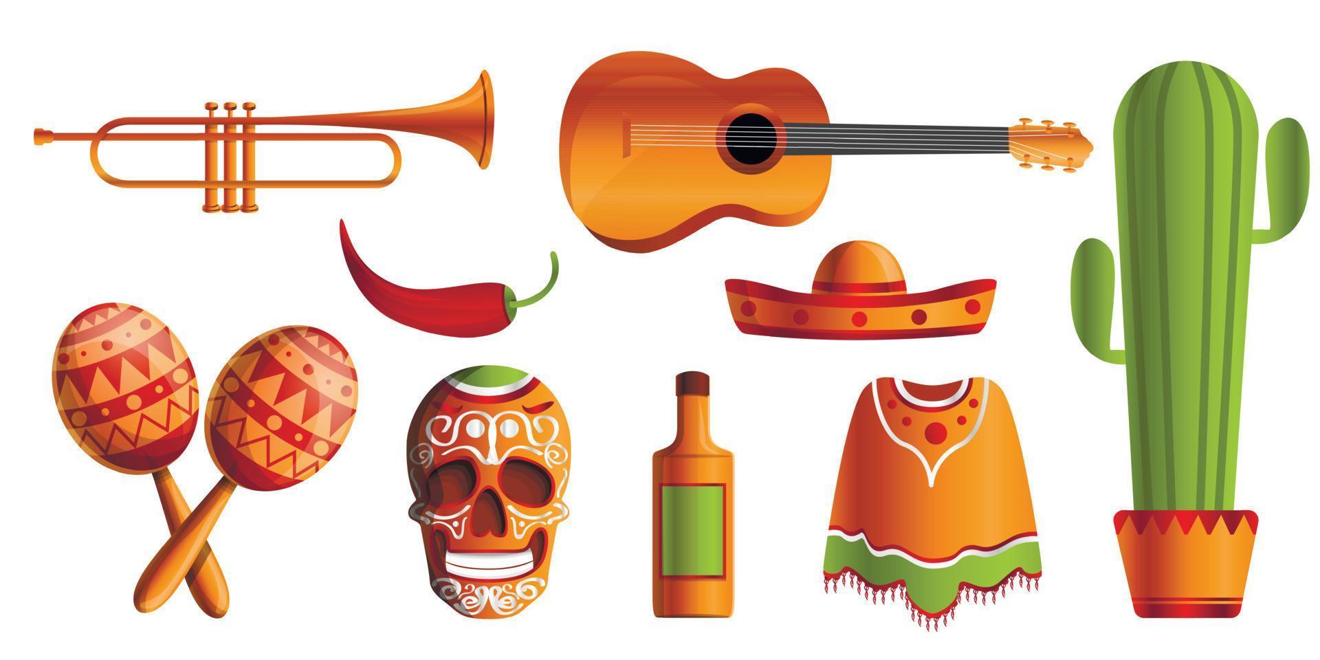 Mexicaanse muziek icon set, cartoon stijl vector