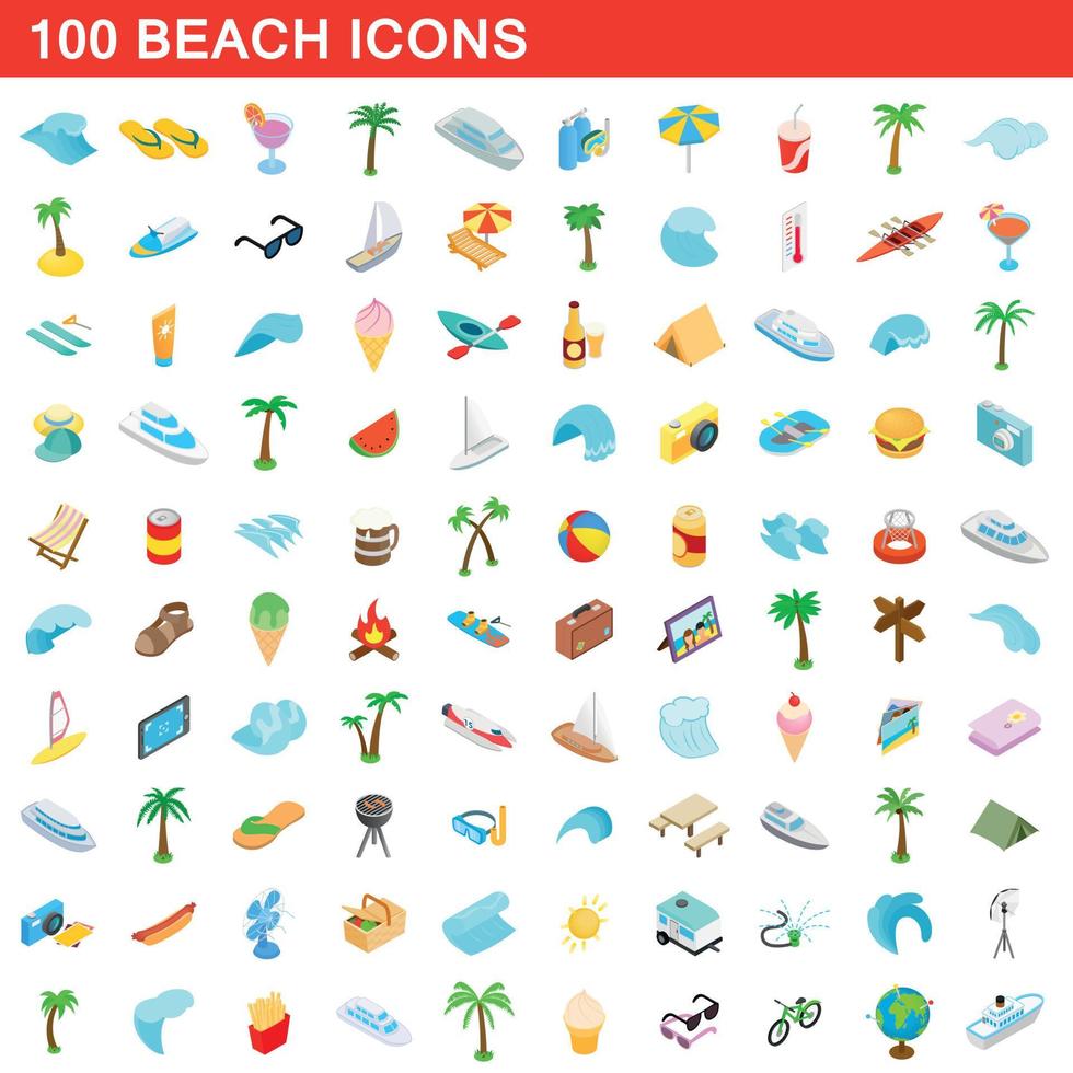 100 strand iconen set, isometrische 3D-stijl vector