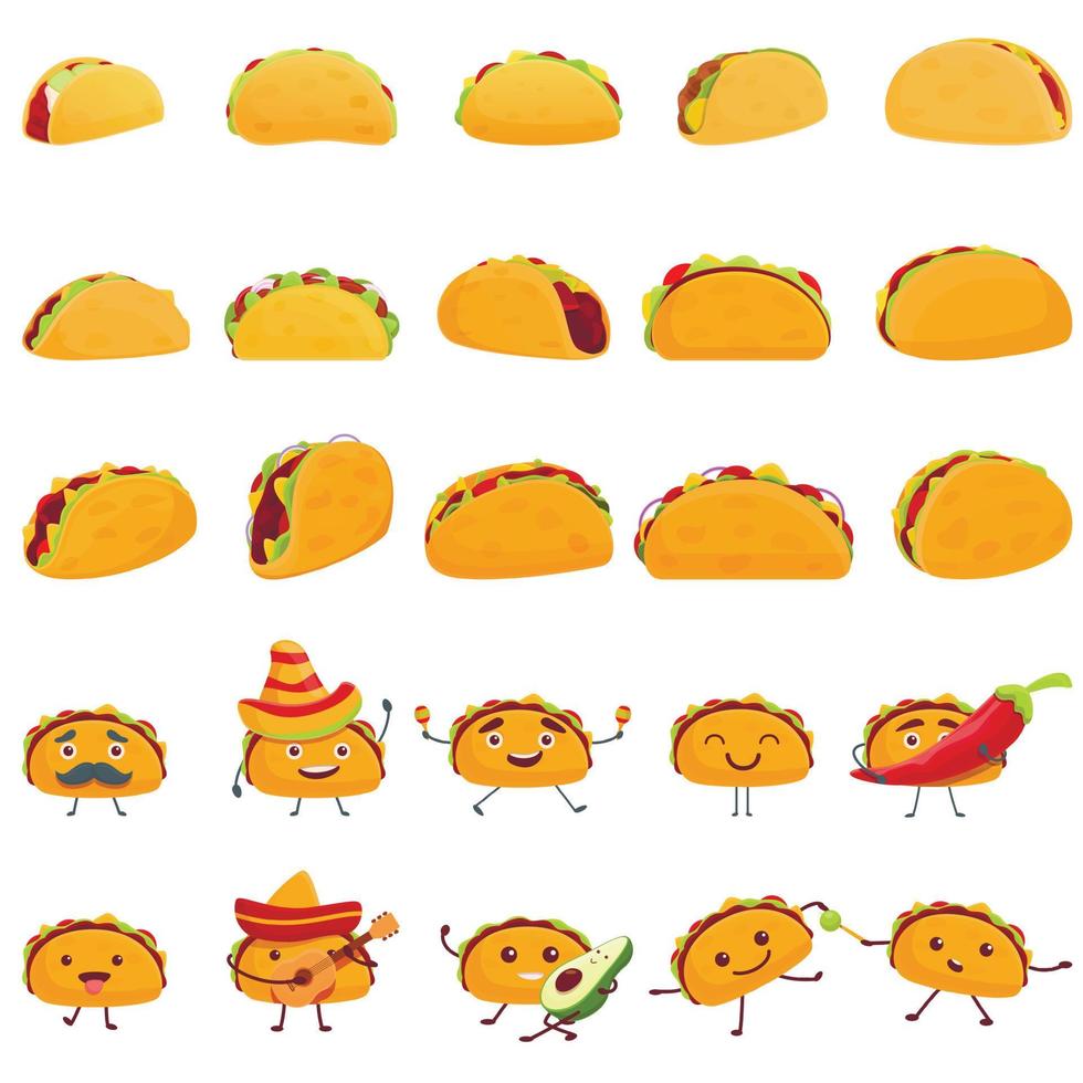 taco's iconen set, cartoon stijl vector
