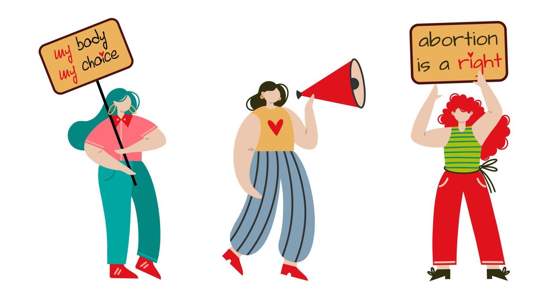 een groep protesterende vrouwen. feministische meisjes houden een spandoek vast, spreken in een megafoon. abortus is een recht, een demonstratie tegen discriminatie, seksisme. platte vectorillustratie, mensen bij de rally vector