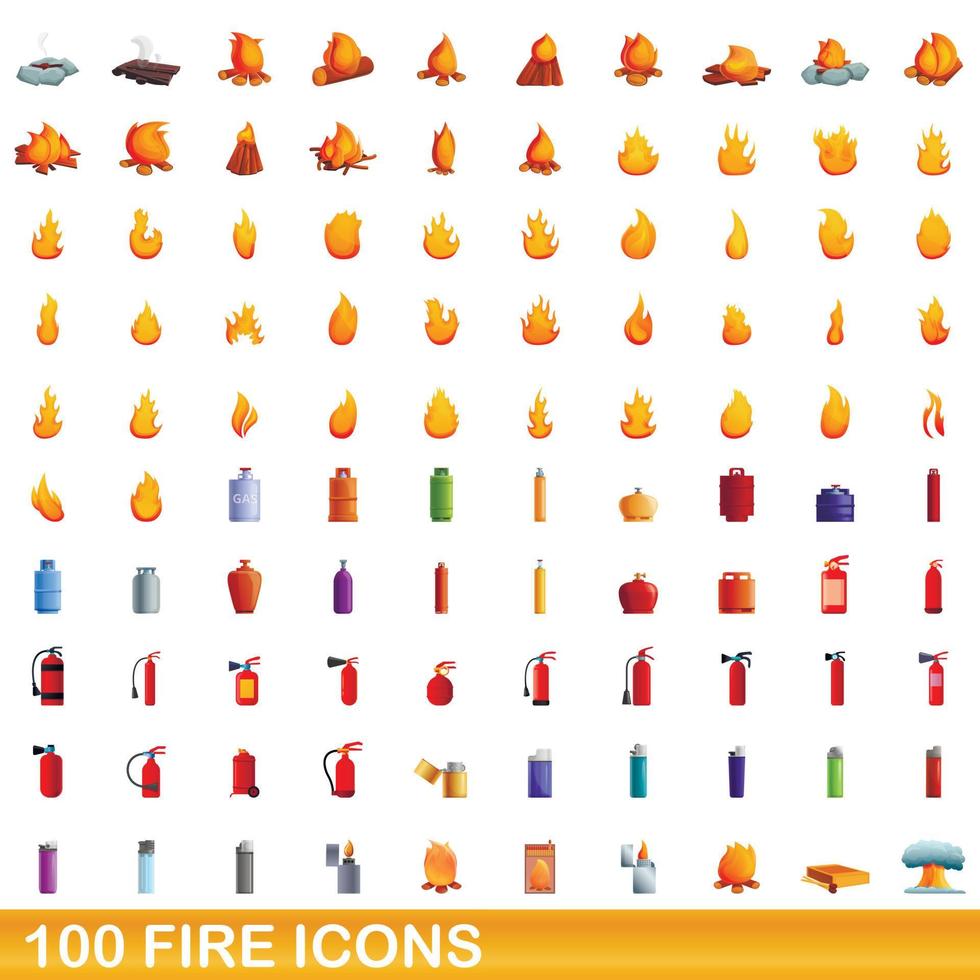 100 vuur iconen set, cartoon stijl vector