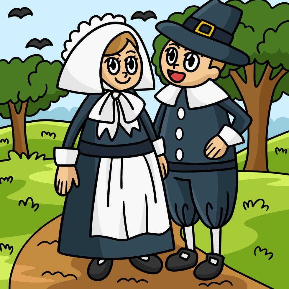Thanksgiving pelgrim meisje en jongen gekleurde cartoon vector