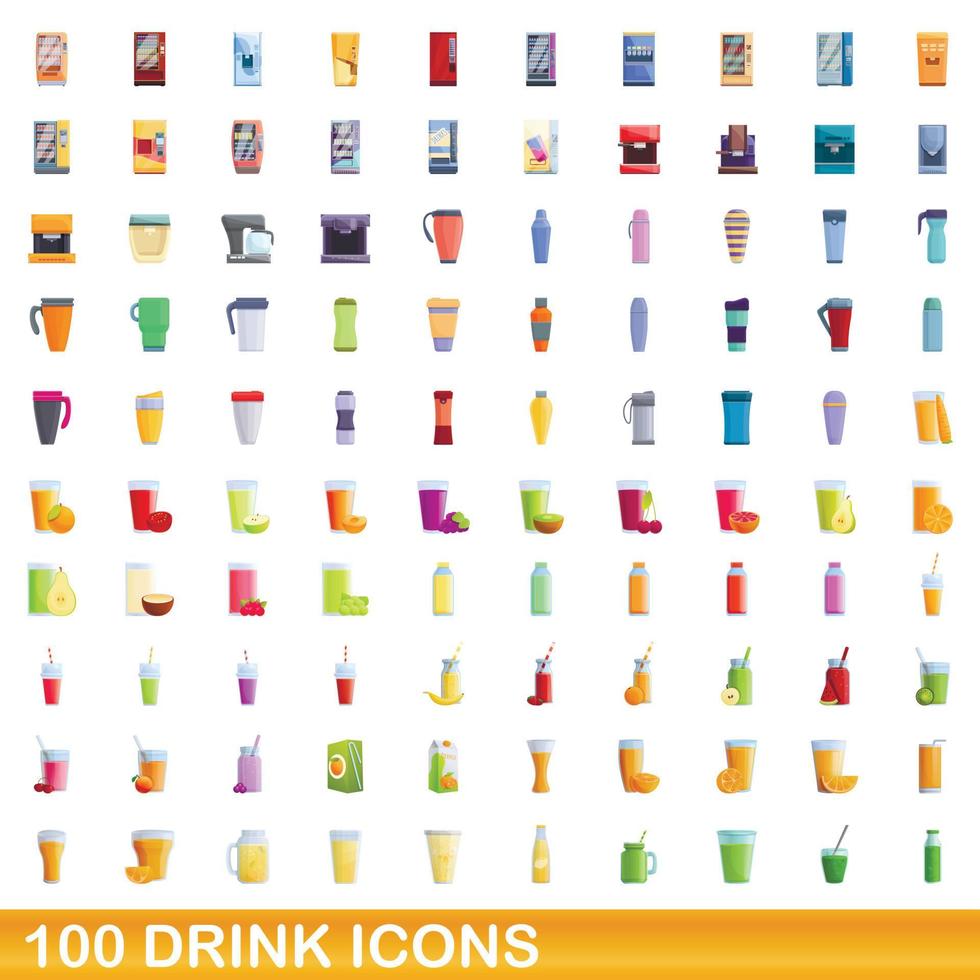 100 drank iconen set, cartoon stijl vector