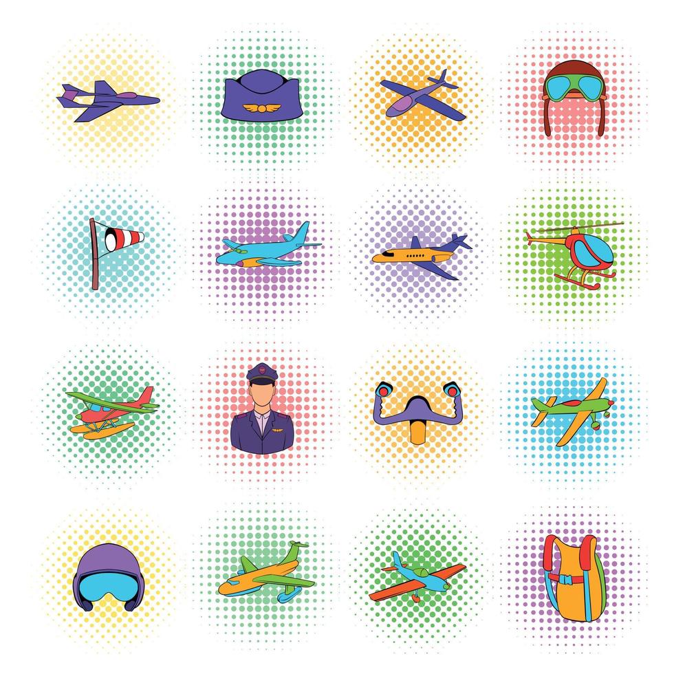 luchtvaart pictogrammenset, pop-art stijl vector