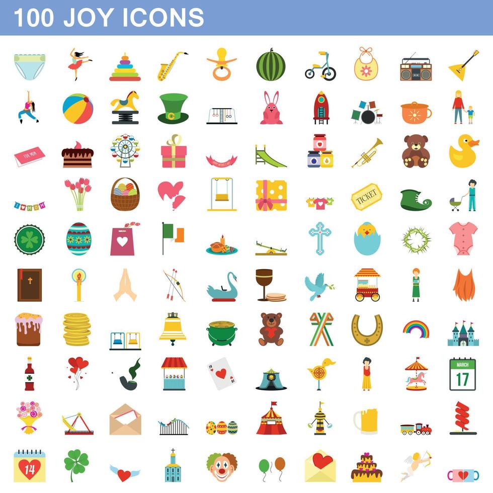 100 vreugde iconen set, vlakke stijl vector