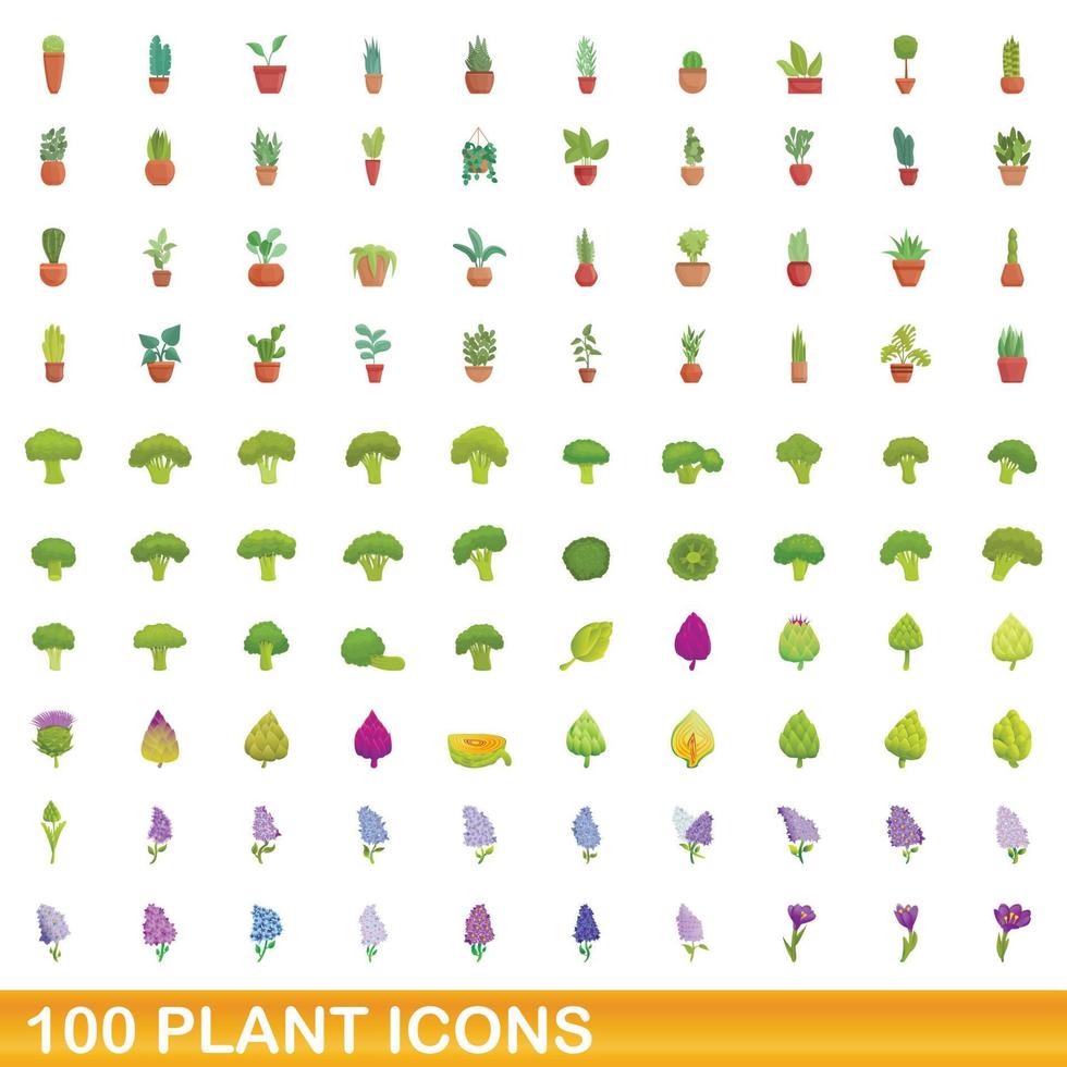 100 planten iconen set, cartoon stijl vector